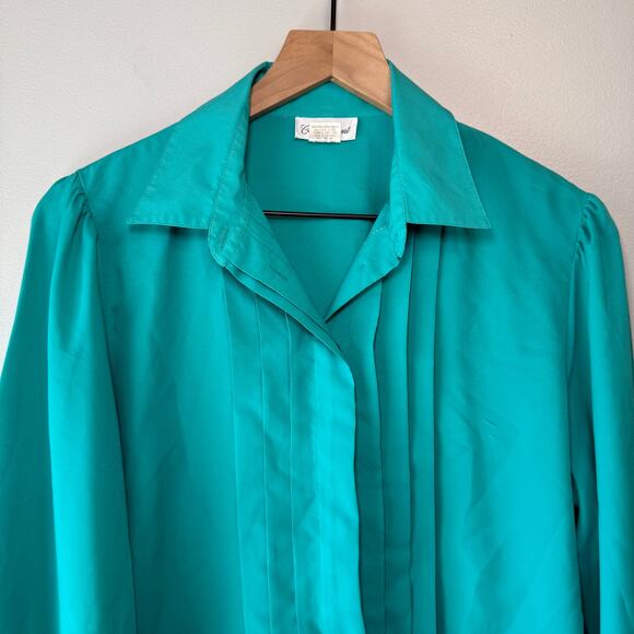 Vintage Carriage Court Women's Long Sleeve Chic Button Blouse Turquoise Size 12 - Picture 2 of 6
